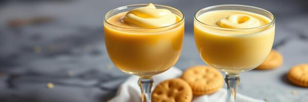 Delicious vanilla custard served in elegant glasses beside freshly baked cookies photo