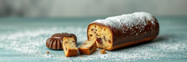 Delicious slice of chocolate-covered cake with crumbs on a blue table photo