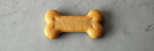 Dog treat shaped like a bone on a light gray surface in a bright kitchen setting during the afternoon photo