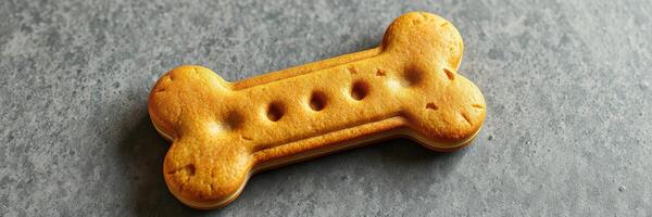 Dog treat shaped like a bone rests on a textured surface, perfect for rewarding pets at any time of day photo