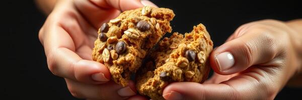 Hands breaking apart a homemade chocolate chip oatmeal cookie in a cozy kitchen setting photo