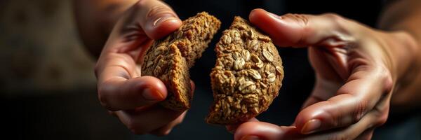 Delicious homemade cookie being broken apart by hands in a cozy kitchen setting during afternoon photo
