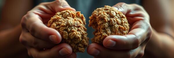 Hands breaking apart a homemade oatmeal cookie, showcasing texture and ingredients, taken in a cozy kitchen environment photo