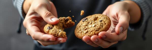 Hands breaking a freshly baked cookie with chocolate chips and oats in a cozy kitchen setting near evening light photo