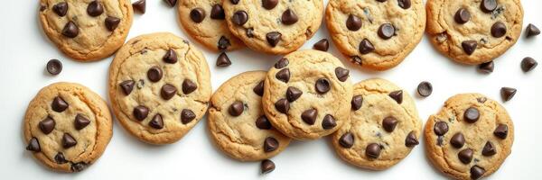 Freshly baked chocolate chip cookies arranged on a white surface with chocolate chips scattered around photo