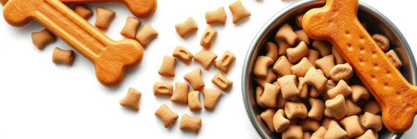 Dog treats in various shapes displayed in a bowl with some scattered on a surface photo