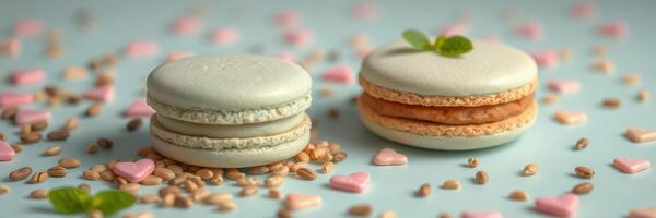 Delightful macarons arranged on a pastel backdrop with heart-shaped decorations and grains scattered around photo