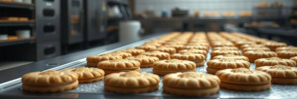 Freshly baked cookies rest on a cooling rack in a busy bakery during morning hours photo