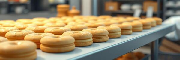 Freshly baked bagels lined up on a cooling rack in a busy bakery during the morning hours photo