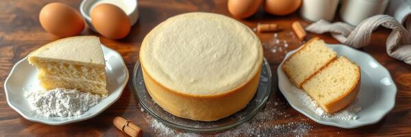 Soft and fluffy dessert preparation with cake, eggs, and flour on wooden table during bright kitchen setting photo