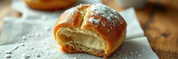 Cream-filled pastry covered in powdered sugar on wooden table with blurred background photo