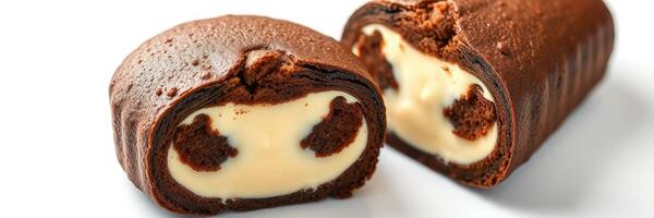 Soft chocolate roll cake filled with creamy vanilla frosting enjoyed at a dessert cafe photo