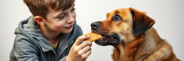 Boy feeds his dog a treat in a cozy indoor setting during afternoon photo