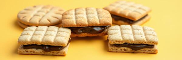 Delightful cookies filled with rich chocolate cream arranged on a vibrant yellow background photo