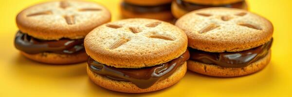 Delicious cookies with chocolate filling arranged on a bright yellow background photo