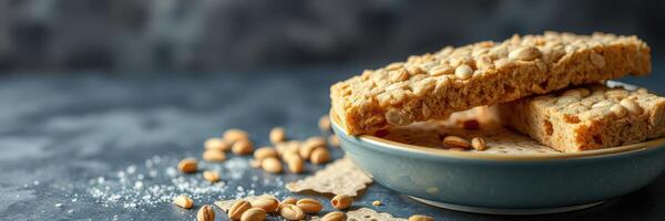 Healthy snack options with peanut bars and scattered nuts on a blue plate photo