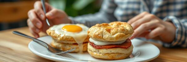 Delicious breakfast sandwich with eggs and bacon served on a wooden table photo