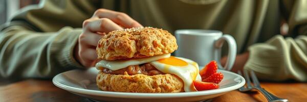 Enjoying a delicious breakfast sandwich with egg, bacon, and strawberries in a cozy cafe setting photo