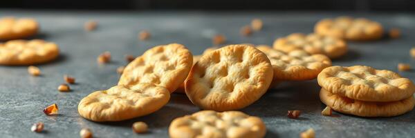 Delicious crispy cookies arranged on a dark surface with scattered crumbs during afternoon baking photo
