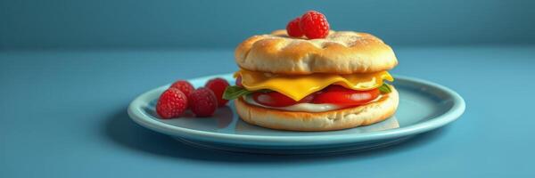 Delicious breakfast sandwich with melted cheese, fresh vegetables, and raspberries on a blue plate photo