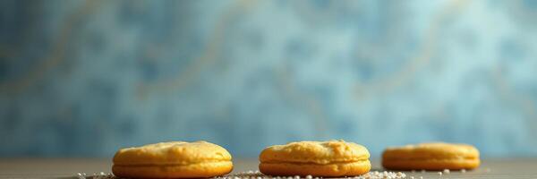 Delicious homemade cookies displayed on a wooden table against a blue patterned background photo