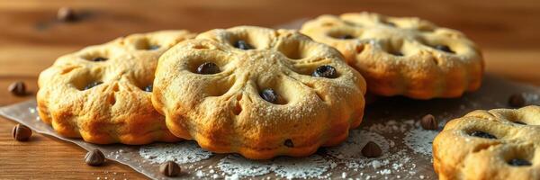 Freshly baked chocolate chip cookies arranged on a wooden surface with decorative sprinkles of flour photo