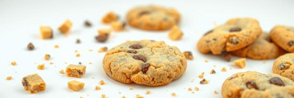 Freshly baked cookies arranged on a white surface with chocolate chips and toffee pieces scattered around photo