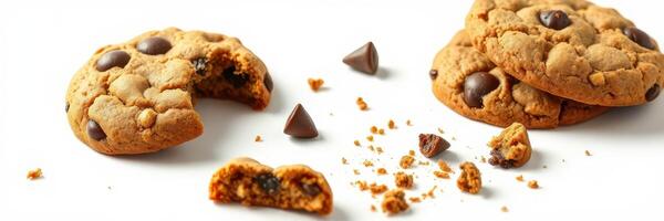 Decadent chocolate chip cookies on a white surface showcasing a delicious treat photo