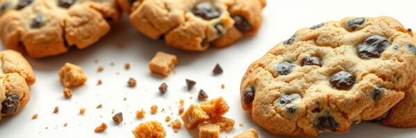 Delicious homemade cookies with chocolate chips scattered on a bright background photo