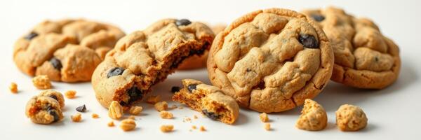 Homemade chocolate chip cookies displayed on a clean surface with crumbs scattered around photo