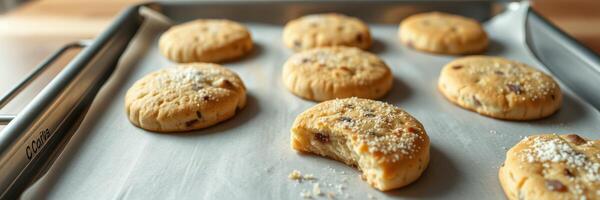Baking delicious cookies on a tray with a few bites taken out and sugar sprinkles on top photo