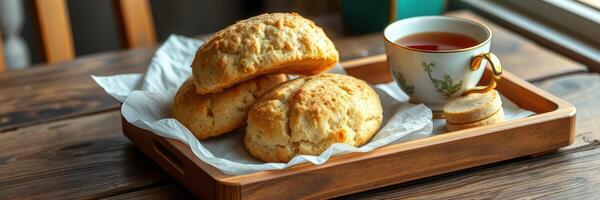 Freshly baked scones and tea served on a wooden tray in a cozy indoor setting during the afternoon photo