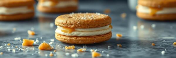 Delicious caramel sandwich cookies with cream filling and sprinkled sea salt on a marble surface photo