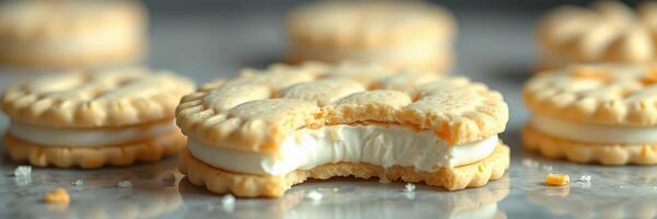 Delicious cream-filled cookies on a marble countertop with a perfect bite taken out photo