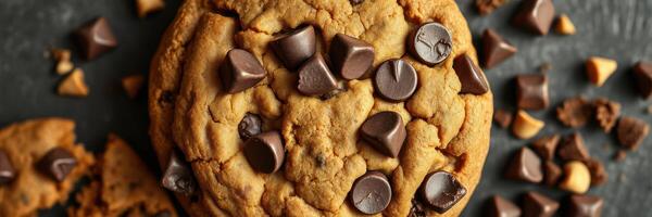 Delicious freshly baked chocolate chip cookie with melted chocolate chunks on a dark background photo