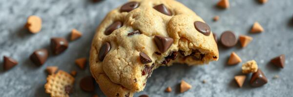 Decadent chocolate chip cookie with a bite taken out on a textured gray surface photo