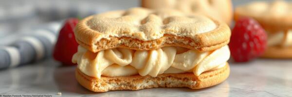 Delicious dessert featuring whipped filling between cookie sandwiches with fresh raspberries on a marble surface photo
