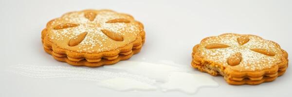 Delicious cookie stack with a bite taken out, accompanied by a splash of milk on a light background photo
