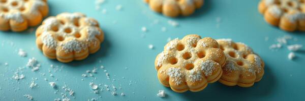 Delightful cookies dusted with powdered sugar on a turquoise surface for a charming dessert display photo