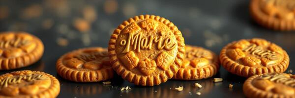 Delicious round cookies with Marie embossed on surface scattered on a dark surface photo