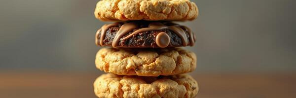 Stack of delicious cookies with chocolate and oatmeal layered together for a tempting dessert experience photo
