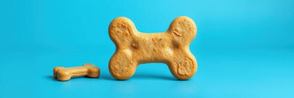 Large and small dog treats on a bright blue background showcasing their unique shapes and textures photo