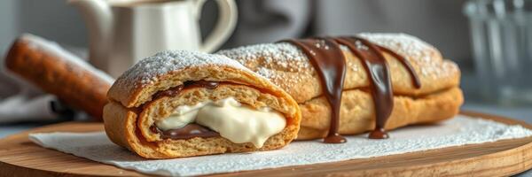 Delicious cream-filled pastry drizzled with chocolate on a wooden board with a cup in the background photo