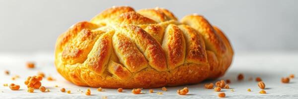 Freshly baked round bread with a golden crust on a clean surface during a bright morning photo
