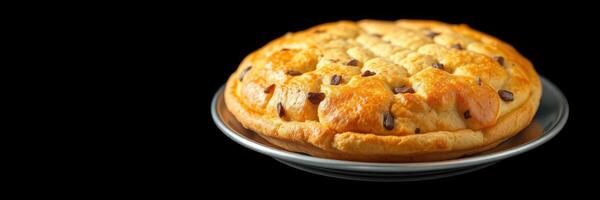 Delicious fresh baked chocolate chip cookie pie displayed on a silver plate with a dark background photo