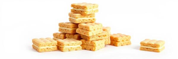 Delicious stack of layered creamy wafers arranged on a clean white surface during a daylight setting photo