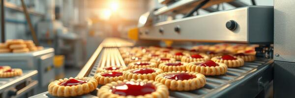 Cookies with red jam move along a conveyor belt in a bustling bakery during golden hour photo
