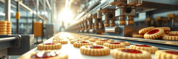 Cookies being produced on a conveyor belt in a bustling bakery during the golden hour of late afternoon photo