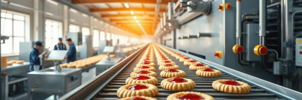 Bakery production line showcases fresh pastries being processed in a modern facility during daytime photo