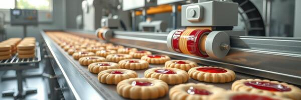 Cookies moving along a production line at a bakery facility during daylight hours photo